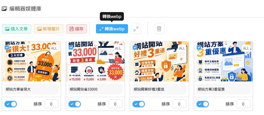 網站後台上傳圖片時自動壓縮與轉檔的處理畫面，可縮小檔案大小加快載入