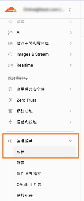 Cloudflare 控制台左側選單:管理帳戶與成員設定 Cloudflare 控制台左側選單:管理帳戶與成員設定