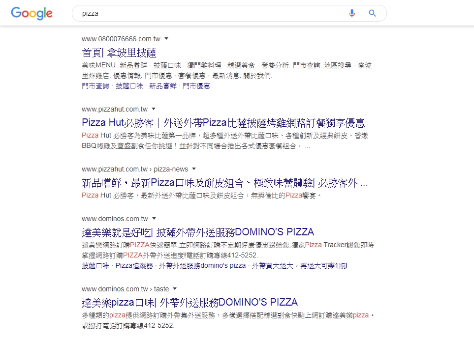 Pizza關鍵字搜尋結果